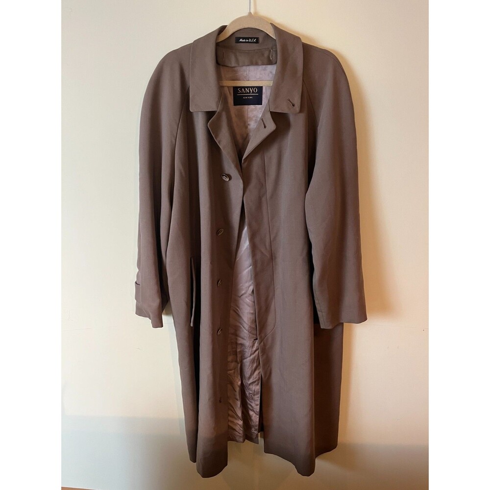 Sanyo New York Mens 40R Khaki Structured Trench Coat Made in USA Premium Wool